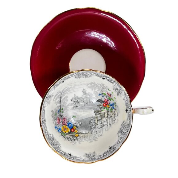 Vtg Aynsley Queens Garden Bone China Tea Cup Saucer Set Scenic Design Red Gold - Picture 5 of 13